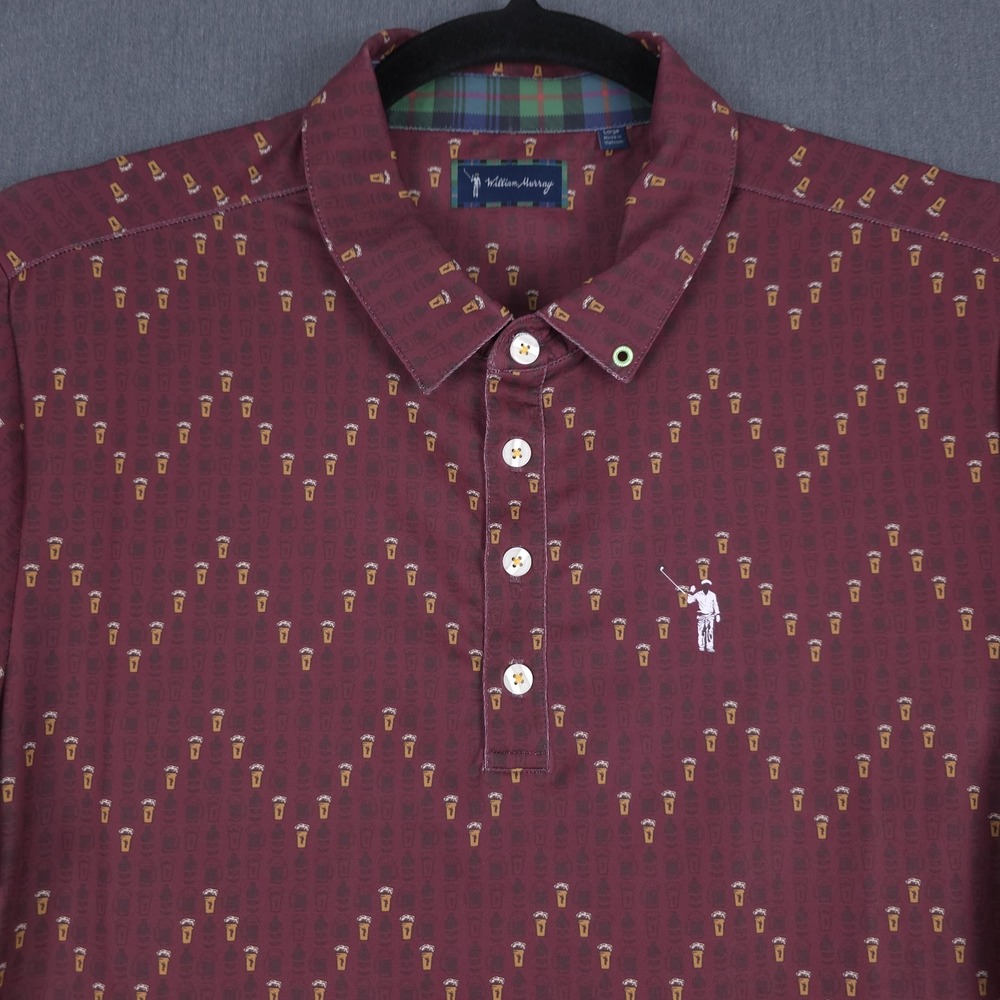 William Murray Golf Polo Mens‎ Large Burgundy Beer Drinks AOP Performance